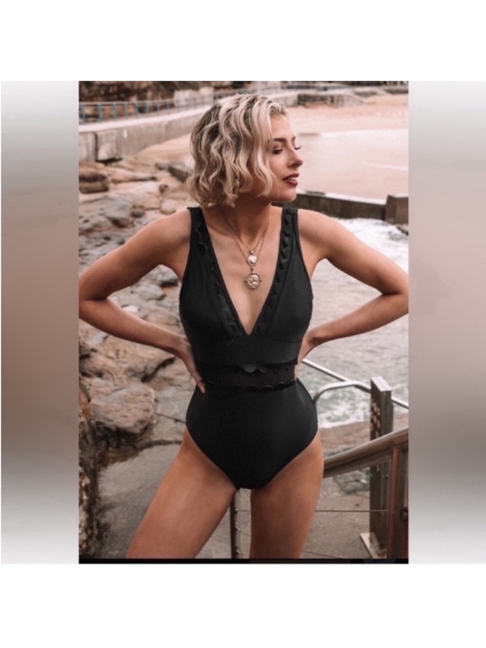NWT CupShe Solid Black V neck One Piece Swimsuit Sz S Removable Pads